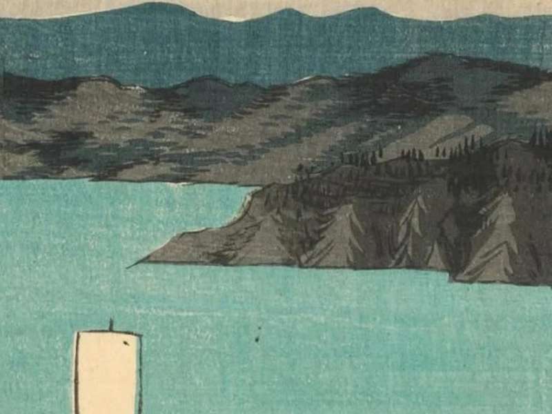Utagawa Hiroshige (1797 - 1858), Evening view of the eight scenic spots of Kanazawa in Musashi Province, Colour-woodblock print triptych (detail), 1857, Collection of Alan Medaugh